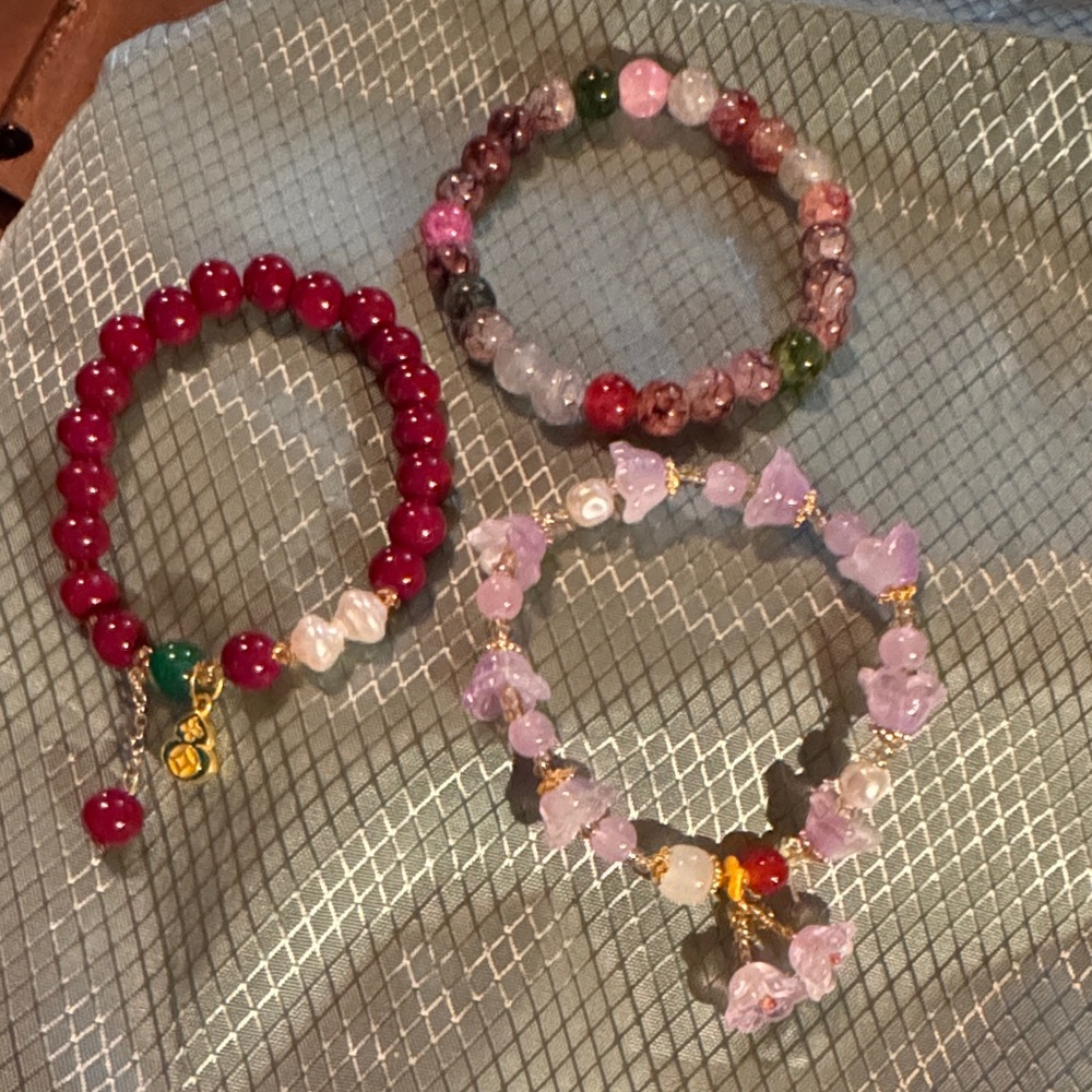 Asian Beaded Bracelet Trio - Red, Pink, and Multicolor